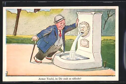 Künstler-AK John Wills: Prosit Neujahr, Betrunkener und Brunnenfigur