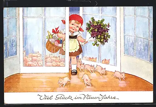 Künstler-AK John Wills: Mädchen und eine Horde Ferkel wünschen viel Glück im neuen Jahr