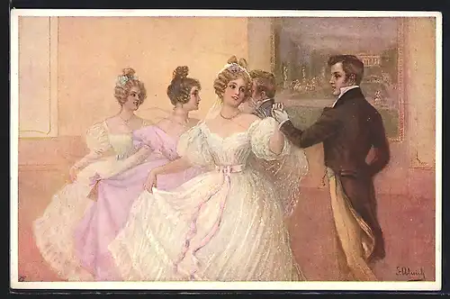 Künstler-AK Fritzi Ulreich: Gutbürgerlicher Herr lädt eine edle Dame zum Tanzen ein