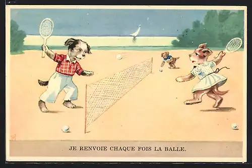 AK Je renvoie chaque fois la balle, Hundepaar beim Tennis, vermenschlichte Tiere