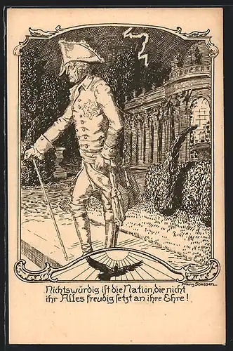 Künstler-AK Franz Stassen: König Friedrich II. (der Grosse) am Schloss, Deutsch-Nationaler Jugendbund Karte Nr. 1