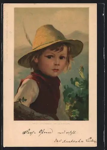 Künstler-AK Mizi Wunsch, Portrait eines Jungen mit einem gelben Hut