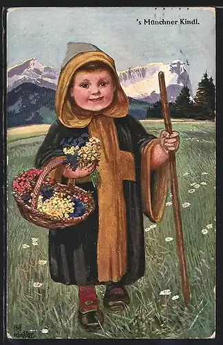 Künstler-AK München, Münchner Kindl beim Pflücken von Blumen