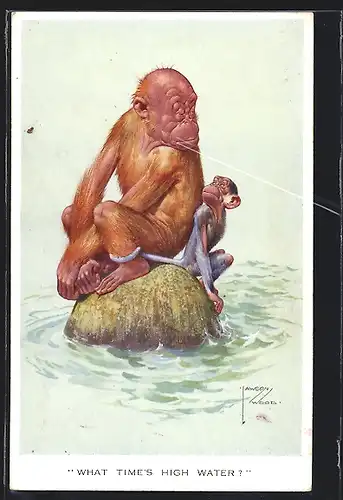Künstler-AK Lawson Wood: Affen sitzen auf Stein im Wasser