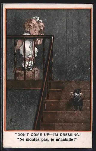 Künstler-AK Fred Spurgin: Mädchen mit Katze auf der Treppe
