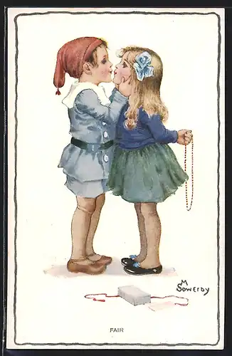 Künstler-AK Millicent Sowerby: Junge mit Zipfelmütze küsst Mädchen mit Kette in der Hand