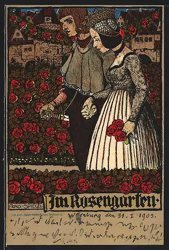Künstler-AK Ferdinand Spiegel: Im Rosengarten, Spaziergang eines Paares in mittelalterlichen Kostümen