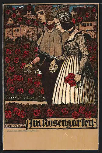 Künstler-AK Ferdinand Spiegel: Ritter und Edelfräulein in einem Rosengarten