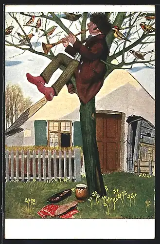 Künstler-AK G. Hirth`s Verlag, Serie: Sonderling mit Flöte auf einem Baum, Vögel