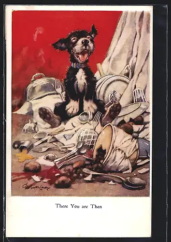 Künstler-AK George Ernest Studdy: Terrier thront voller Stolz auf dem von ihm angerichteten Chaos