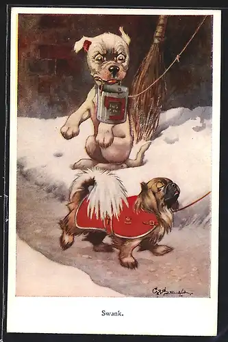 Künstler-AK George Ernest Studdy: Bonzo mit Dose im Maul im Winter schaut verärgert auf kleinen Hund mit Mantel, Swank