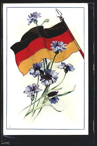 AK Deutsche Flagge mit Kornblumen