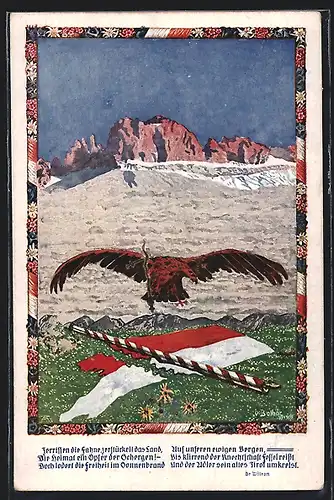 AK Zerrissene Tiroler Fahne mit Adler vor Bergpanorama