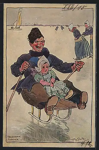 Künstler-AK Willy Sluiter: Mann & Kind mit Schlitten auf Eis
