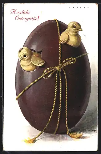 Künstler-AK Maxim Trübe: Ostergruss, Küken schlüpfen aus einem Osterei