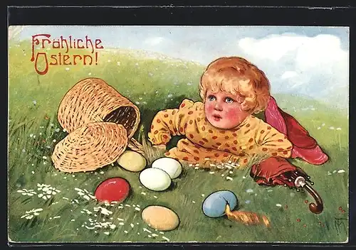 Künstler-AK Maxim Trübe: Kind mit Schirm und Ostereiern, Ostergruss