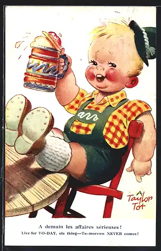 Künstler-AK Arnold Taylor: Junge in Trachtenhose mit Bierkrug