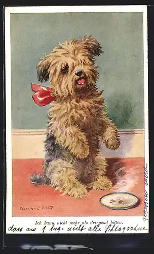 Künstler-AK Florence E. Valter: Ich kann nicht mehr als dringend bitten, Terrier bettelt um Futter
