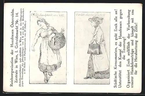 AK Reichsorganisation der Hausfrauen Österreich's, Getreidemarkt, Der Einkaufskorb von 1892 & die Ledertasche von 1912