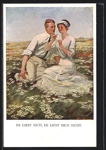 Künstler-AK Clarence F. Underwood: Paar auf Wiese beim Blumenorakel