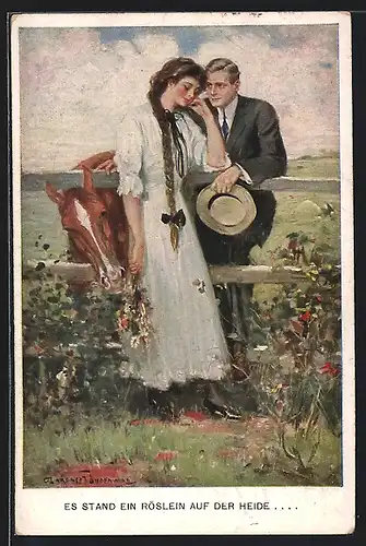 Künstler-AK Clarence F.Underwood: Liebespaar steht an einem Holzzaun, Pferd, Blumen