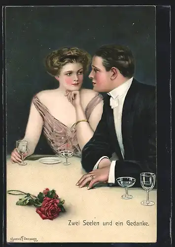 Künstler-AK Clarence F. Underwood: Elegantes Paar mit Rose an einem Tisch