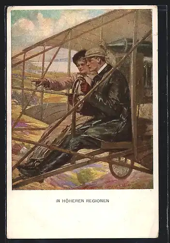 Künstler-AK Clarence F.Underwood: In höheren Regionen, Liebespaar fliegt mit dem Flugzeug über das Land