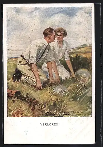 Künstler-AK Clarence F.Underwood: Lost?, Paar sucht nach einem Golfball