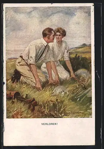 Künstler-AK Clarence F.Underwood: Lost?, Paar sucht nach einem Golfball