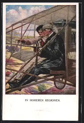 Künstler-AK Clarence F.Underwood: In höheren Regionen, Liebespaar fliegt mit dem Flugzeug über das Land