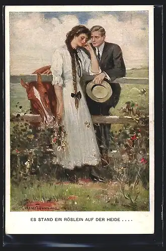Künstler-AK Clarence F.Underwood: Liebespaar steht an einem Holzzaun, Pferd, Blumen