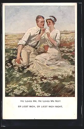 Künstler-AK Clarence F. Underwood: Paar auf Wiese beim Blumenorakel