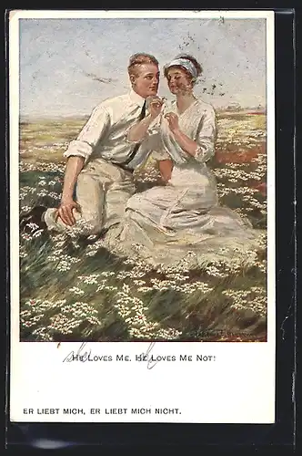 Künstler-AK Clarence F. Underwood: Paar auf Wiese beim Blumenorakel