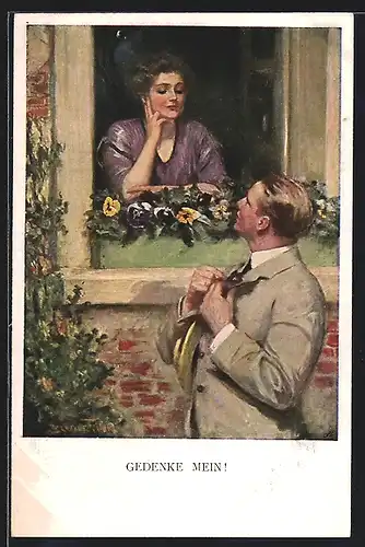 Künstler-AK Clarence F. Underwood: Gedenke mein, Frau verabschiedet traurig ihren geliebten Mann