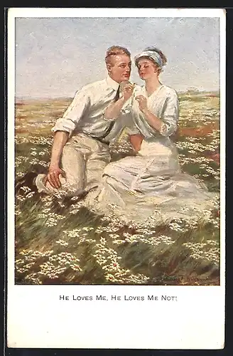 Künstler-AK Clarence F. Underwood: Paar auf Wiese beim Blumenorakel