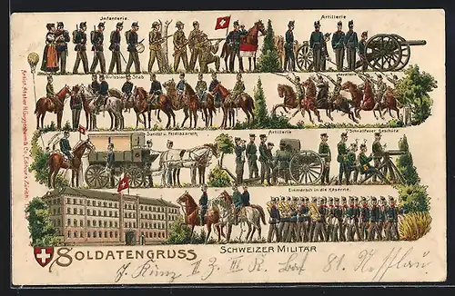 AK Soldatengruss, schweizer Infanterie, Kavallerie und Artillerie in Uniform