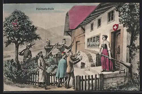 AK Heimatschutz, Schweizer Soldaten vor einem Haus