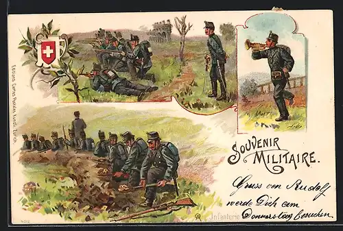 Lithographie Schweizer Soldaten beim Manöver, Trompete, Wappen