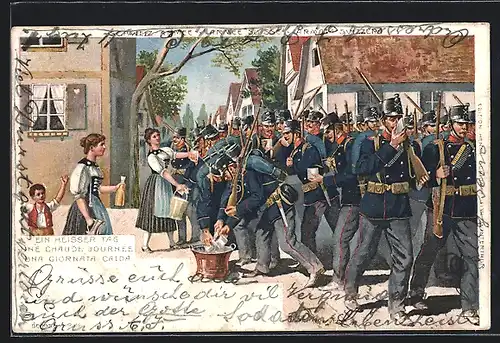 Lithographie Schweizer Armee, Soldaten werden an einem heissen Tag verpflegt