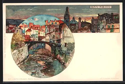 Künstler-AK Manuel Wielandt: San Remo, Kanalpartie, Ortsansicht