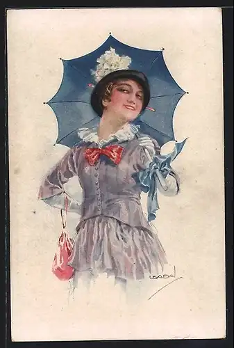 Künstler-AK Luis Usabal: Frau mit Hut und Schirm