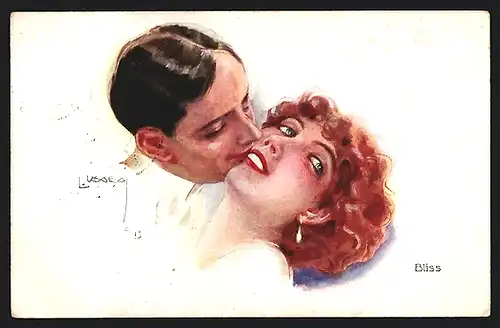 Künstler-AK Luis Usabal: Mann küsst Frau auf Wange