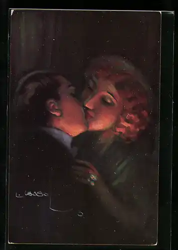 Künstler-AK Luis Usabal: Verliebtes Paar küsst sich im Kerzenschein