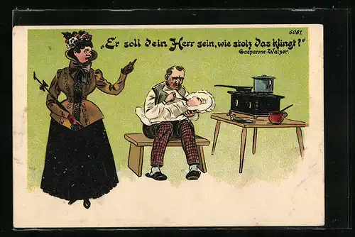 Künstler-AK Bruno Bürger & Ottillie Nr. 6081: Mann und Frau mit Kind am Ofen