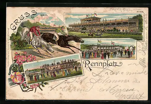 Künstler-Lithographie Bruno Bürger & Ottillie Nr. 1036: Rennplatz, Pferdesport, Hippodrom