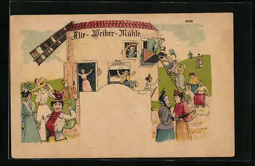 Künstler-AK Bruno Bürger & Ottillie Nr. 6556: Alte-Weiber-Mühle mit Ausflüglern