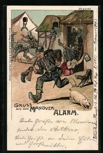 Künstler-AK Bruno Bürger & Ottillie Nr. 6295: Soldatenhumor, Manöver Alarm, Soldaten rennen aus den Häusern, Tiere