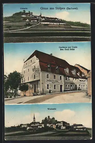 AK Stolpen /Sachsen, Gasthaus zur Linde, Ortsansichten von Osten und Westen