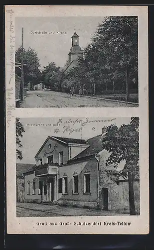 AK Gross-Schulzendorf /Kreis Teltow, Restaurant und Post, Dorfstrasse und Kirche
