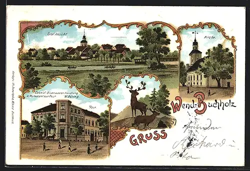 Lithographie Wendisch-Buchholz, Handlung-Restauration Gasthaus zur Post W. Düring, Kirche, Totalansicht